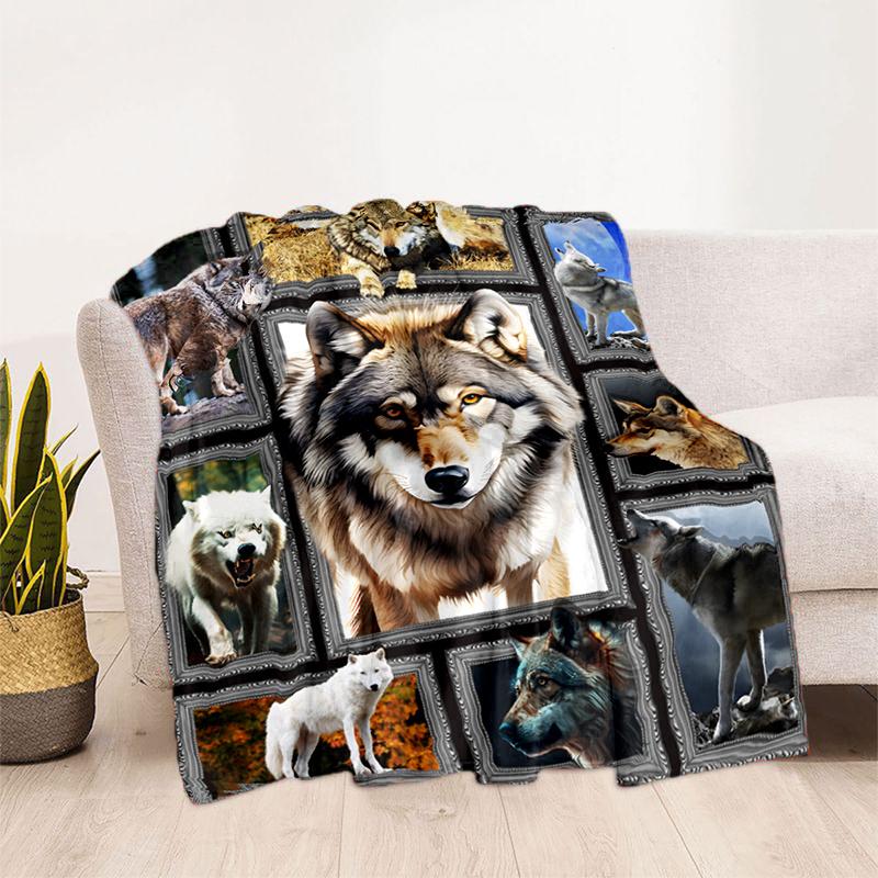 Wolf Photo Frame Collage Flannel Throw Blanket Wild Animal Wolf Portrait Print Warm Sofa Bed Blanket