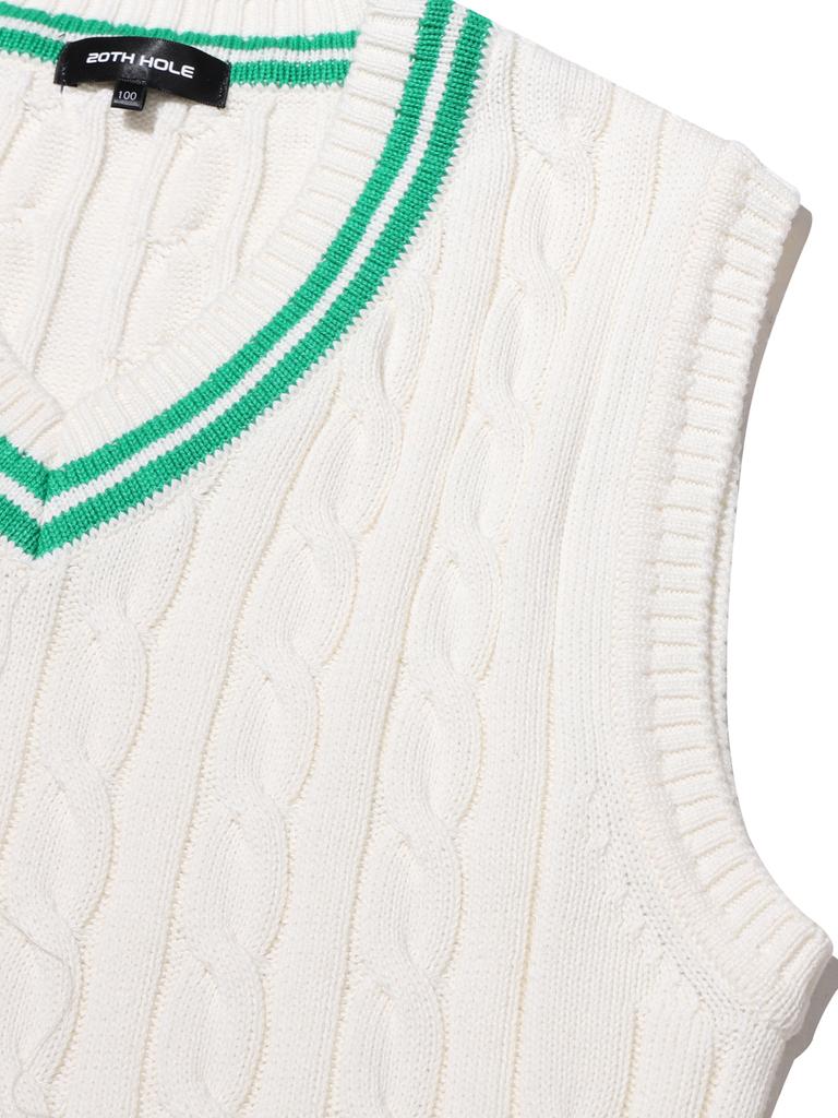 20Th Hole Cable Contrast V-Neck Knit Vest [Ivory Green]
