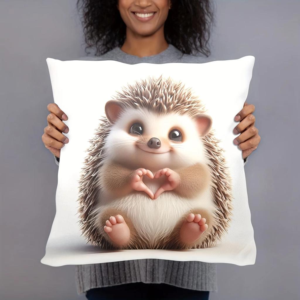 1Pc Adorable Hedgehog With Heart Paws Decorative Pillowcase, Soft Polyester Cushion Cover, White, For Sofa Bedroom Living Room H