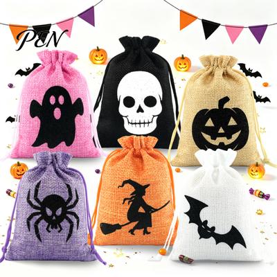 Ghost Pattern Goodie Bags Halloween Burlap Treat Bags, Pumpkin Bat Spider Witch Print Drawstring Cotton Linen Jewelry Favors Candy Pouches for Cookies