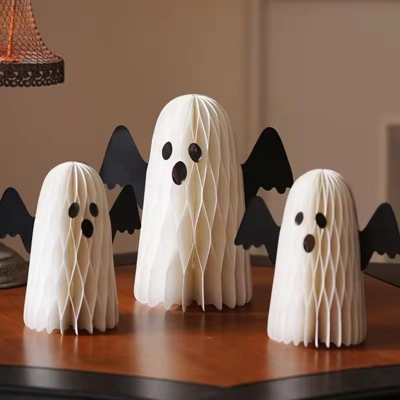 1PC Halloween Ghost Honeycomb Ball Decoration Paper Ghost Ornament with Wings Hanging & Tabletop Decor Party Atmosphere Supplies