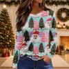 Women's Christmas Print Long Sleeve Top with Round Neck and Side Slit