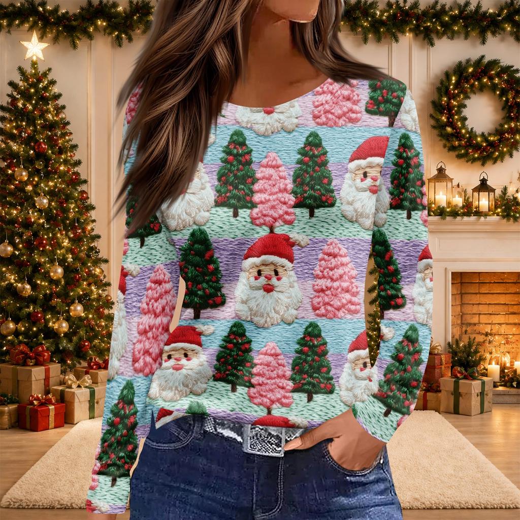 Women's Christmas Print Long Sleeve Top with Round Neck and Side Slit