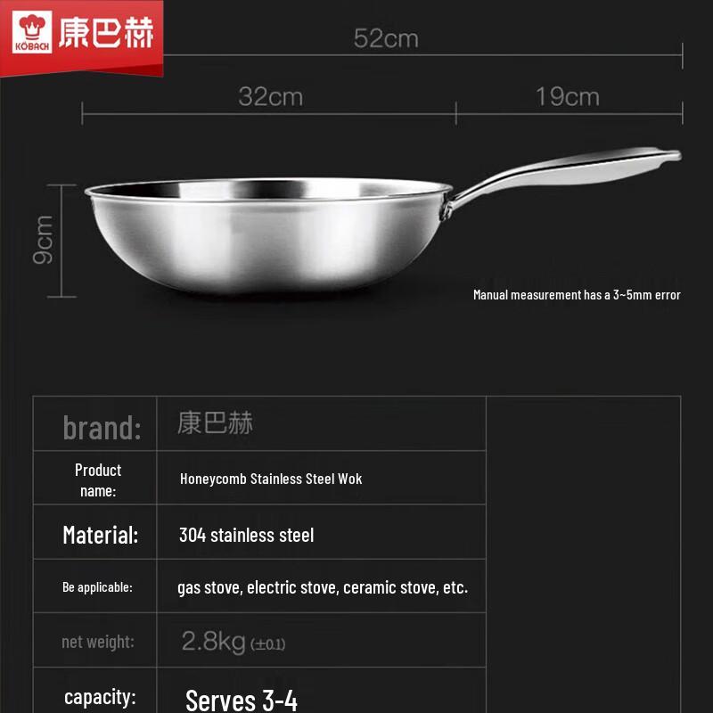 Kombach 32cm Honeycomb 304 Stainless Steel Stir-Fry Wok