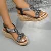 Women’s Wedge Sandals with Rhinestones, Peep Toe, Elastic Strap, Casual Beach Shoes, Large Size
