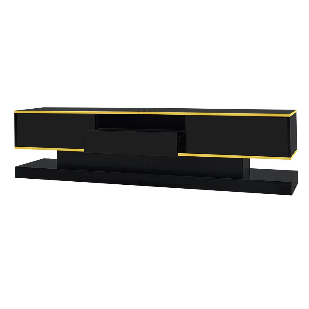 TV Cabinet, with 3 Drawers and Open Compartment, with LED Lighting and Golden Accents, Modern Lowboard with Plenty of Storage Space