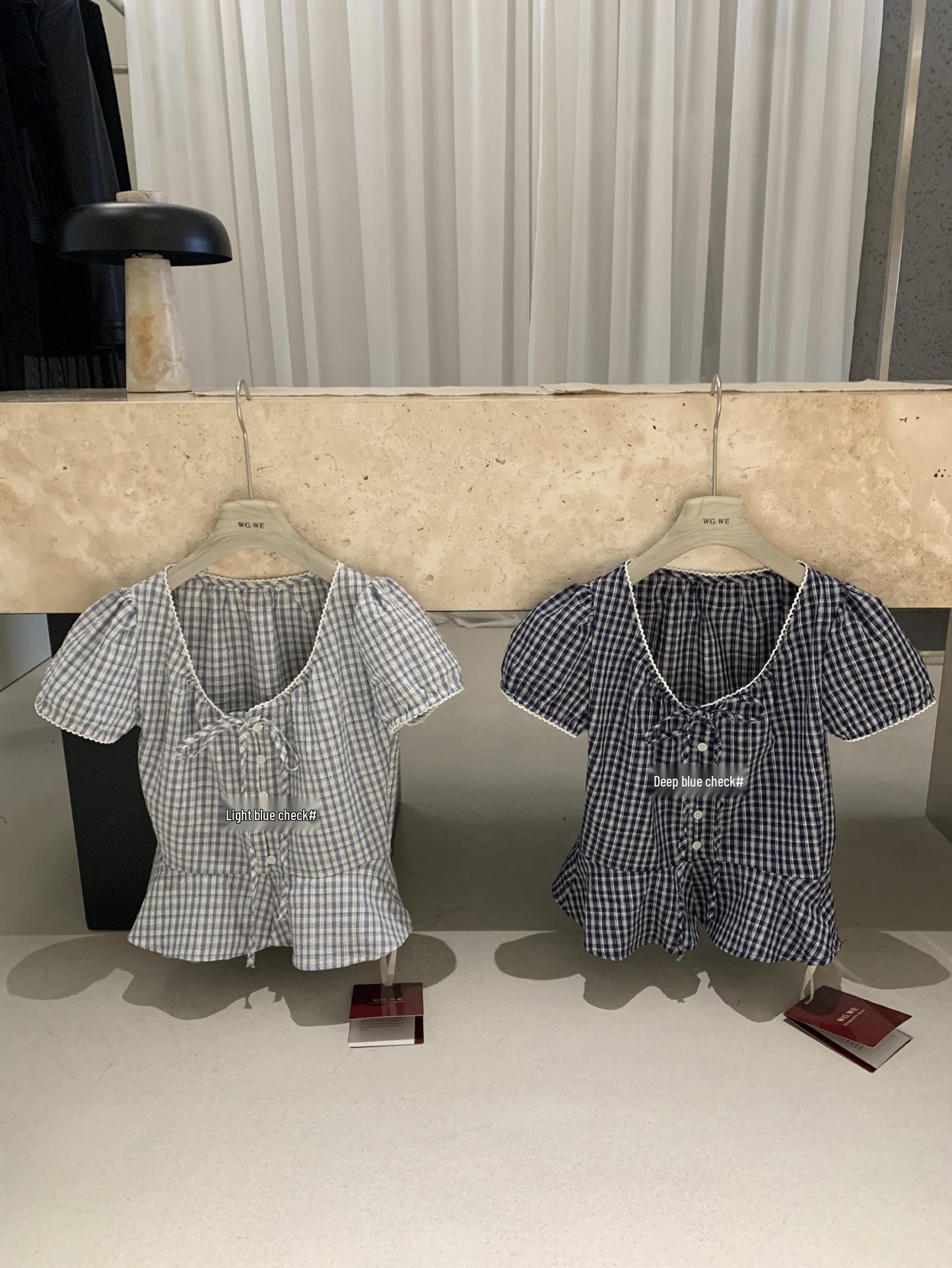 Plaid Puff Sleeve V-Neck Lace-Up Waist-Cinching Top - Spring/Summer New Arrival Medium светло-синий