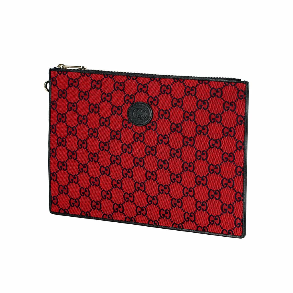 Gucci Red GG Monogram Canvas Leather Trim Wristlet Clutch Pouch For Unisex Daily Use