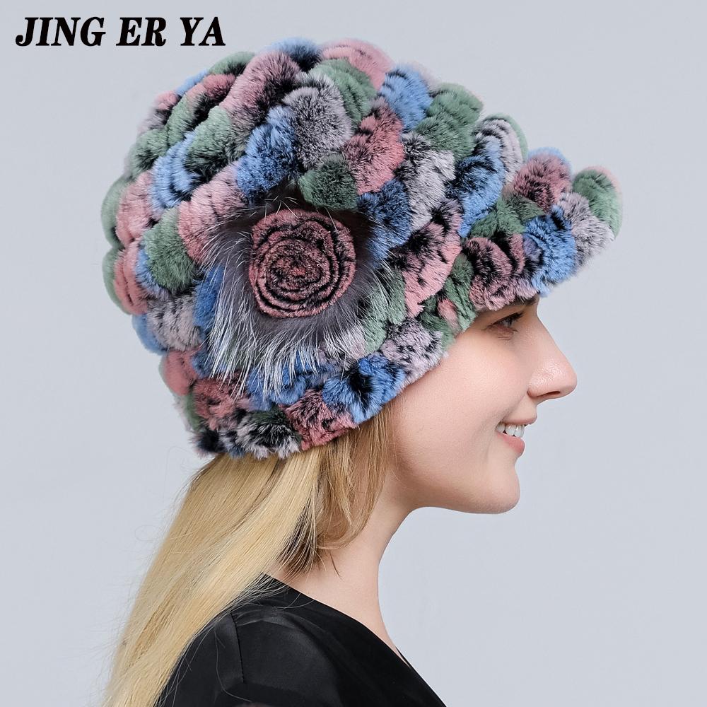 

JINGERYA зимние шапки из кроличьего меха для женщин, шапки из натурального меха рекса с цветочным принтом, эластичные шапки, теплая модная женская снежная шапка