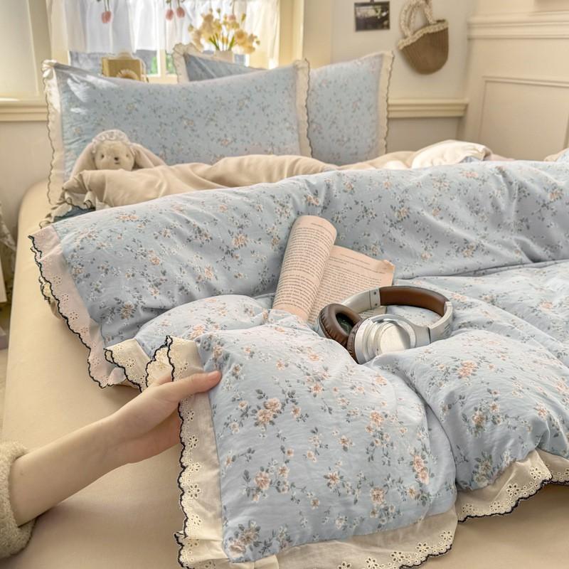 2026 Faux Cotton Washed Lace Bedding Set Floral Duvet Cover