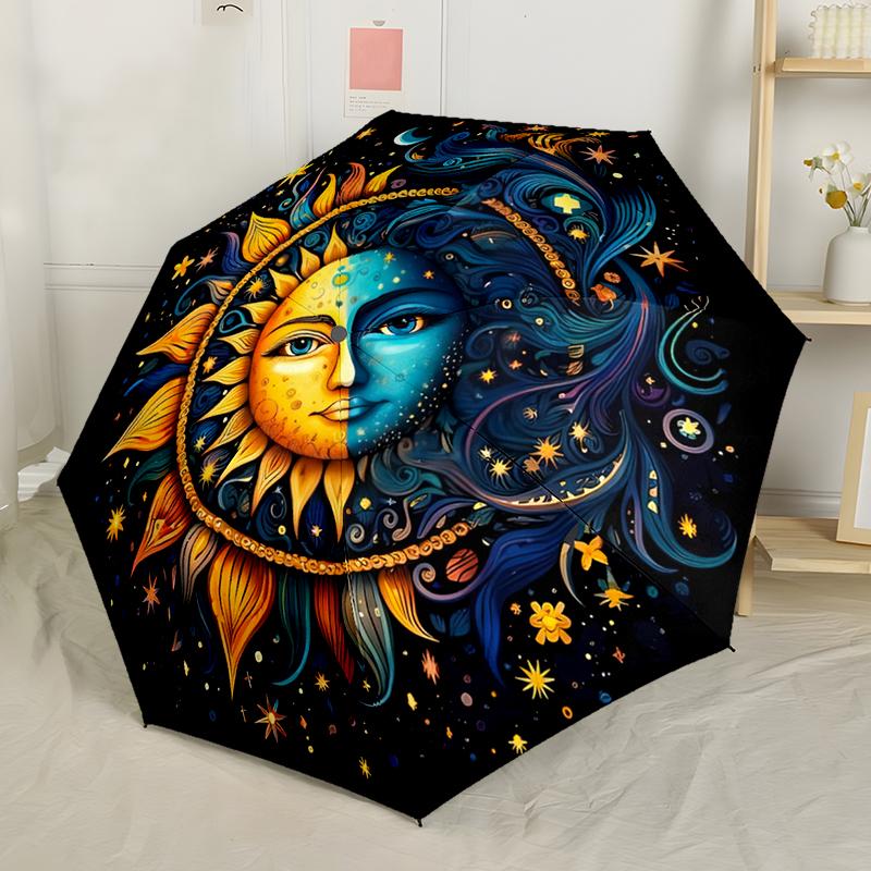 Sonne und Mond Wahrsagerei Automatischer Regenschirm, Kompaktes Design mit 8 Speichen, Faltbar und Tragbar, Outdoor-Freizeit und Täglicher Gebrauch-ideales Geschenk