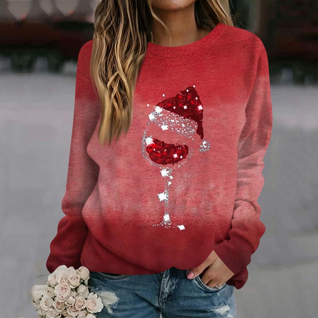 Women's Long Sleeve Christmas Print Neck Top Casual Holiday Blouse