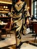Rochie Maxi Bodycon cu Imprimeu Baroc Ornat pentru Femei, Mânecă Kimono Neagră, Decolteu în V, Talie Înaltă, Ruptă, Lungă