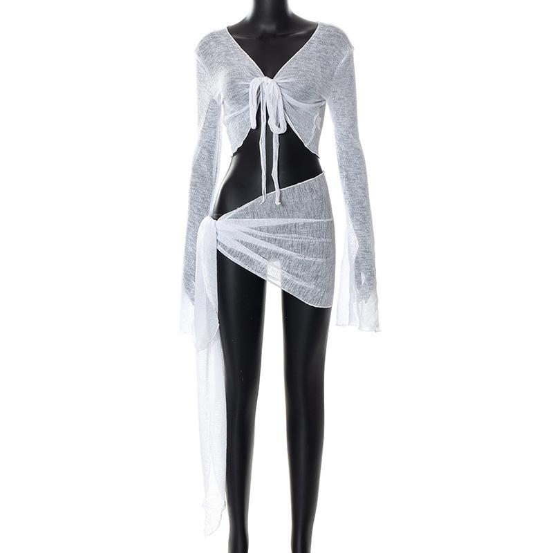 Ensemble crop top à manches longues à lacets en dentelle résille et jupe courte - Mode d'été européenne et américaine pour femmes