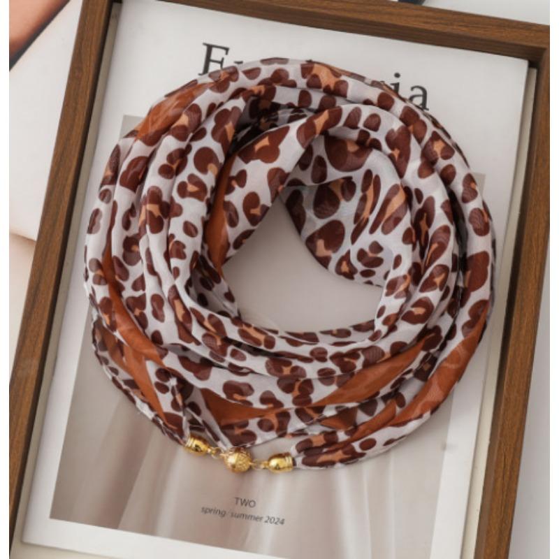Women Korean Style Leopard Print Magnetic Buckle Scarf Thin Triangle Neck Kerchief Versatile Decorative Neck Scarf for Spring Autumn