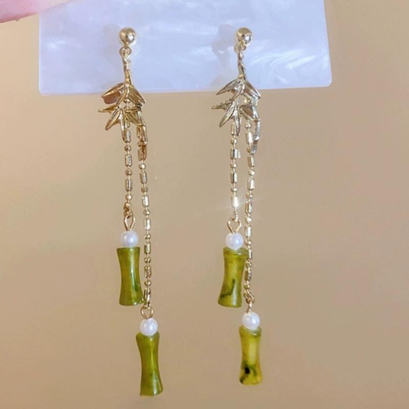 Elegant Bamboo Leaf Dangle Earrings: Women's Chinese Style Tassel Studs