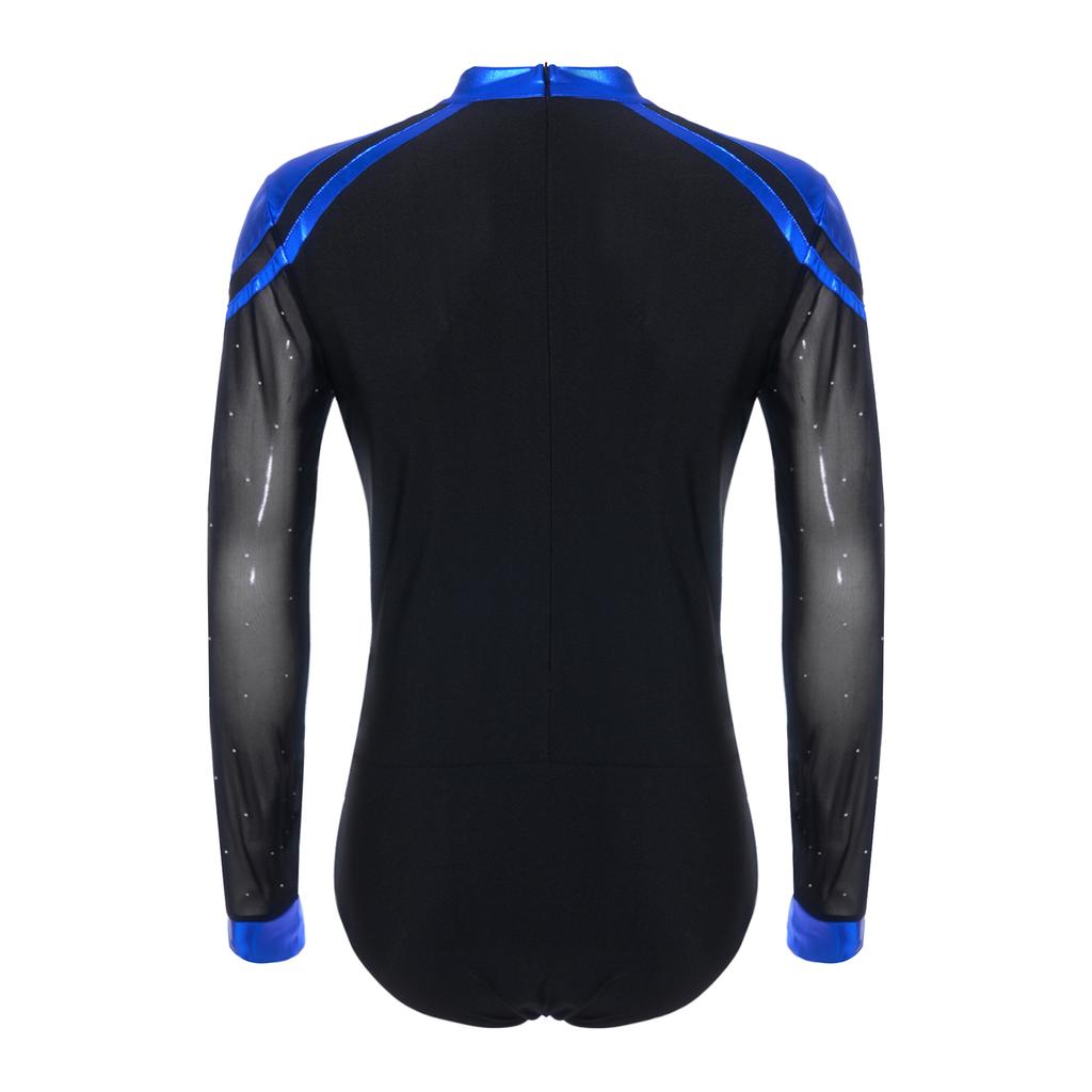 Sparkly Metallic Patchwork V Neck Bodysuit for Men Mesh Long Sleeve Rhinestone Leotard for Latin Ballet Figure Skating Gymnastics Training