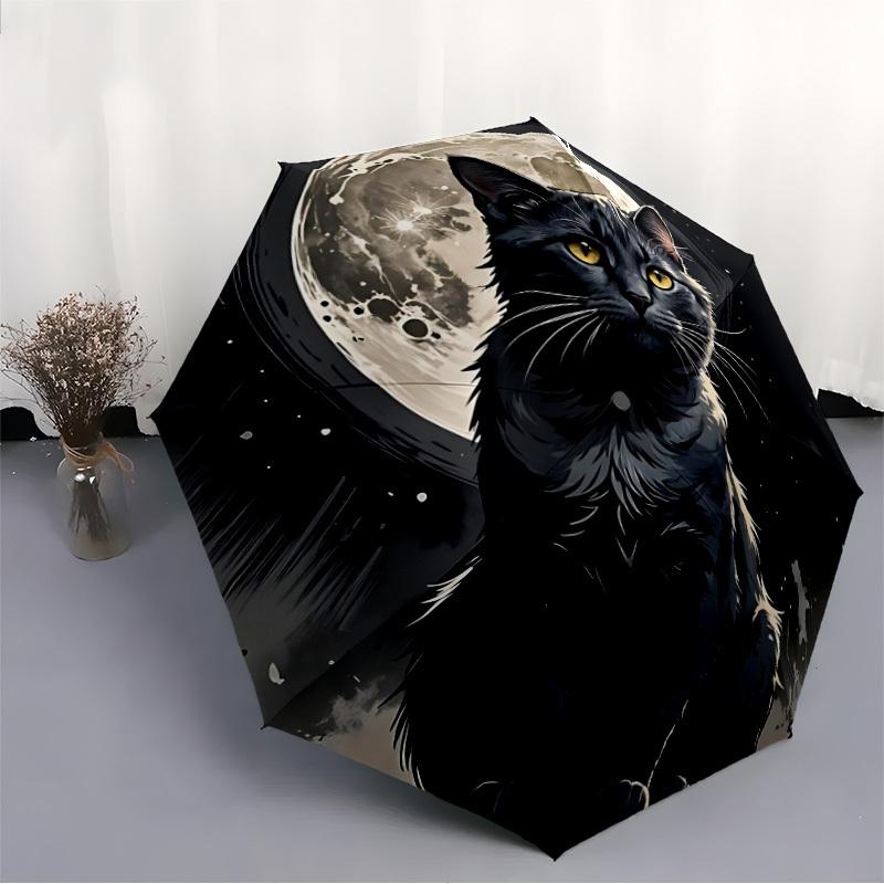 1pc Moonlit Cat Night Scene Auto-Fold Umbrella with One-Touch Open/Close - 8 Reinforced Ribs for Windproof Stability,  Yy251118127