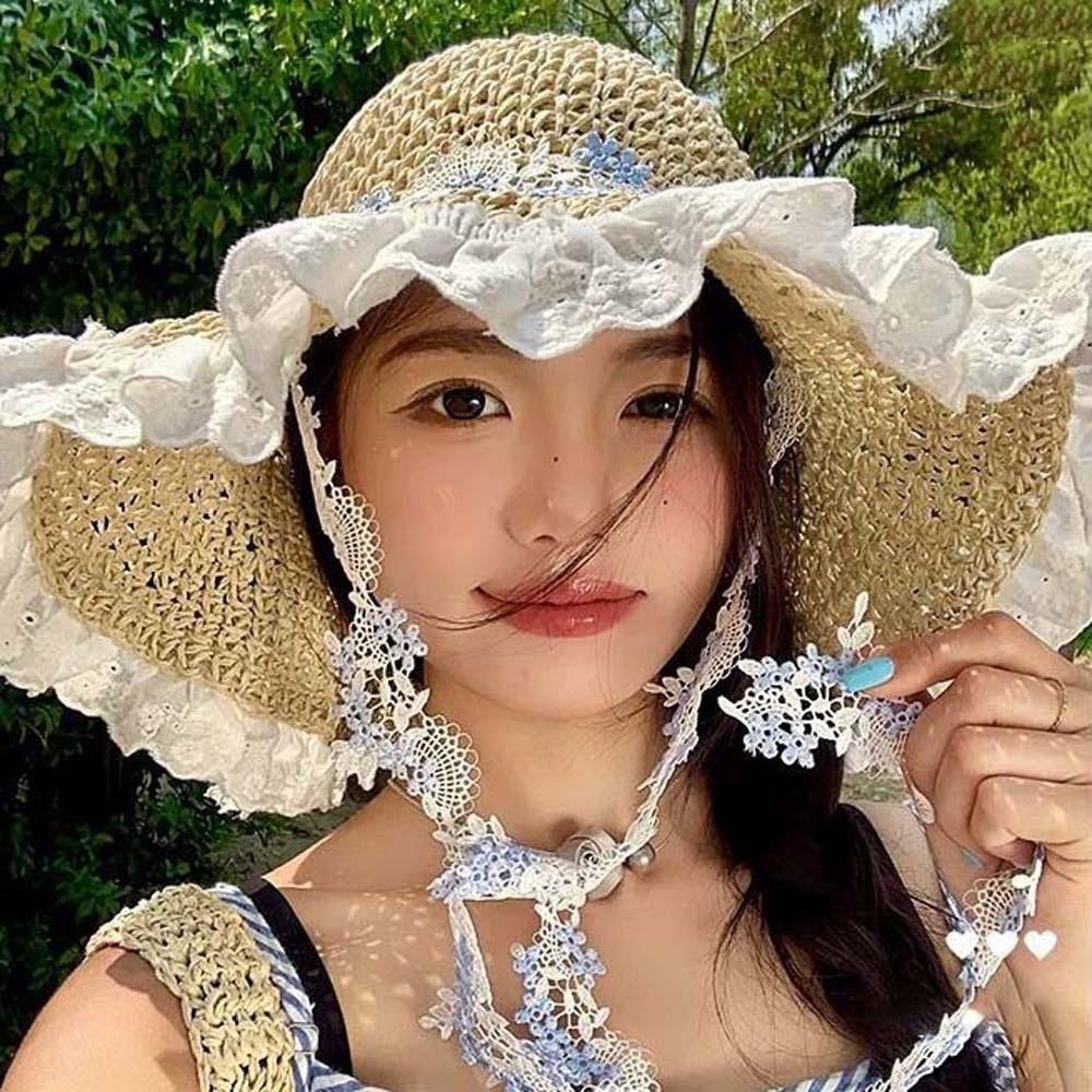 Breathable Vacation Beach Cap with Garland Woven Sun Cap Elegant Big Brimmed Straw Hat Women