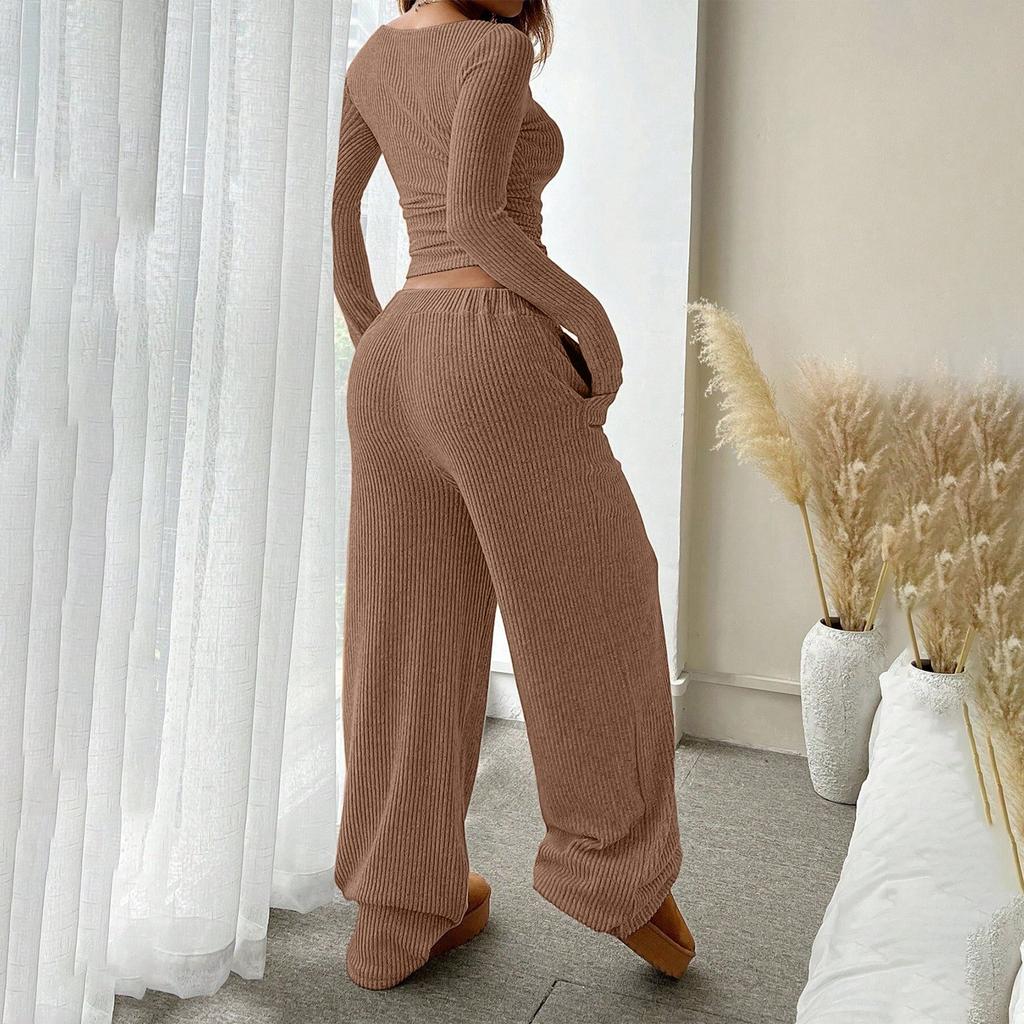 Women's Long-sleeved Top And Elastic Waist Wide-leg Pants Fashion Casual Suit