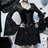Women Halloween Cosplay Dress V-Neck Lace Tie-up Strap Dark Style Gothic Medieval Vintage Bell Sleeves Performance Stage Show Dr