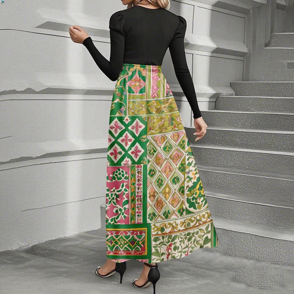 Women's Fashion Casual Belted Long Sleeve Round Neck Floral Printed Elegant Temperament Dresses