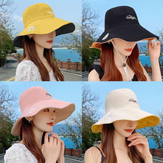 Women Summer Reversible Marguerite Embroidery Sun Protection Hat Fisherman Cap