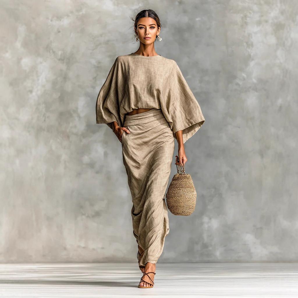 Spot cross-border foreign trade women's clothing cotton and linen autumn and winter matching suit bat sleeve top versatile pocket back split skirt