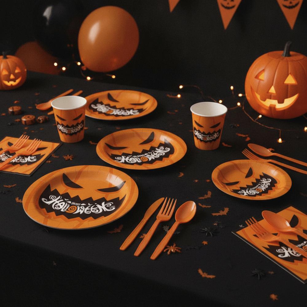Pumpkin Pattern Disposable Plate Cup Set Paper Disposable Utensils Set Ghost Festival