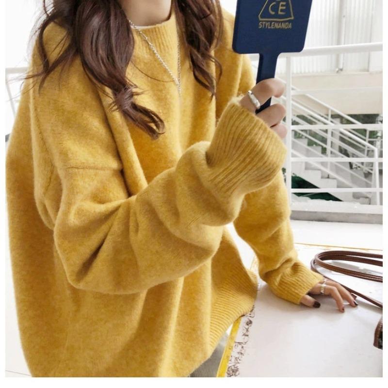 Crew neck solid color sweater women's autumn and winter new loose pullover knitted sweater women