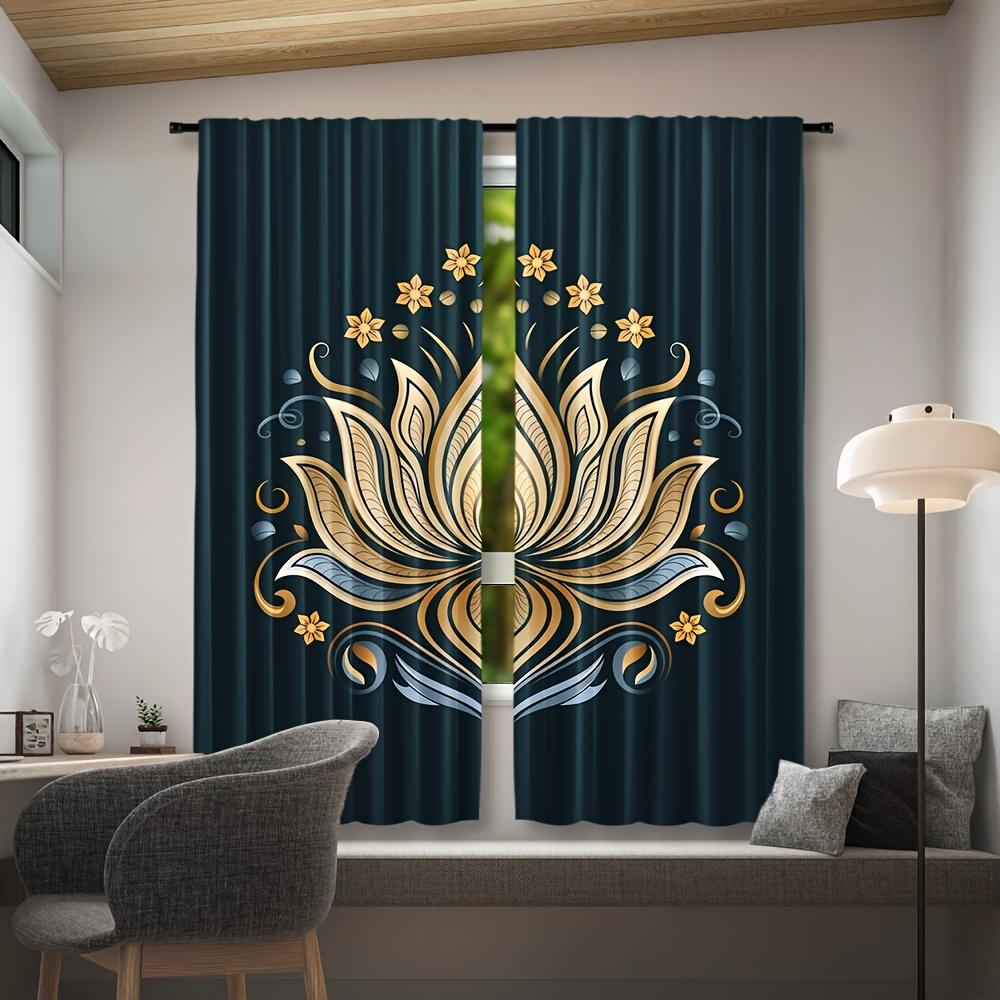Light Filtering Exotic Black Golden Floral Polyester Curtains Style Decorative Semi Curtain Set Of 2 Contemporary Made With Rod Pocket Washable