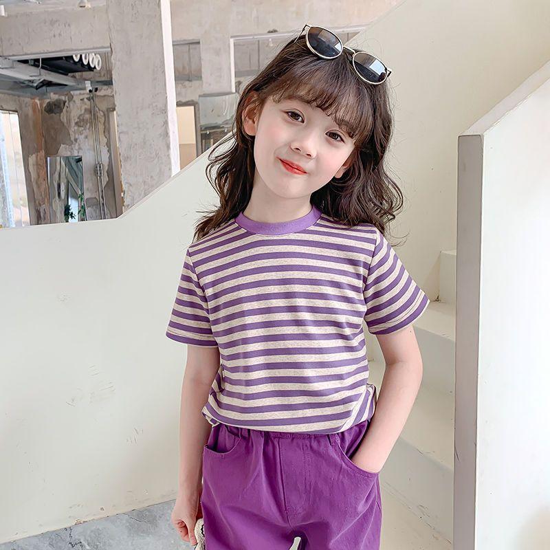 Girls' Short Sleeved T-shirt Striped Summer Children's Korean Summer Outfit Half Sleeved Girls' Thin Top T-shirt