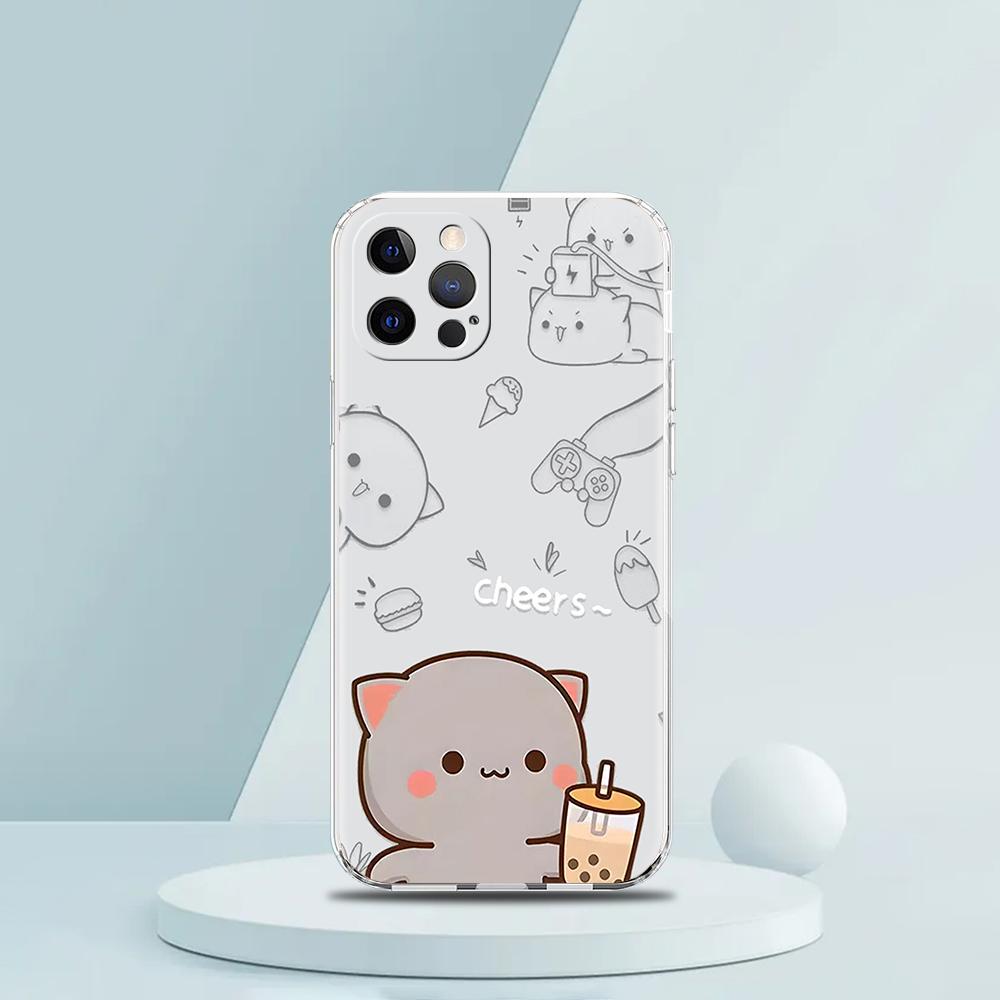 Cute Cartoon Cat Couple Luxury Phone Case For iPhone 16 15 14 13 12 11 Pro Max XS X XR SE 7 8 Plus soft Silicone Clear Cover
