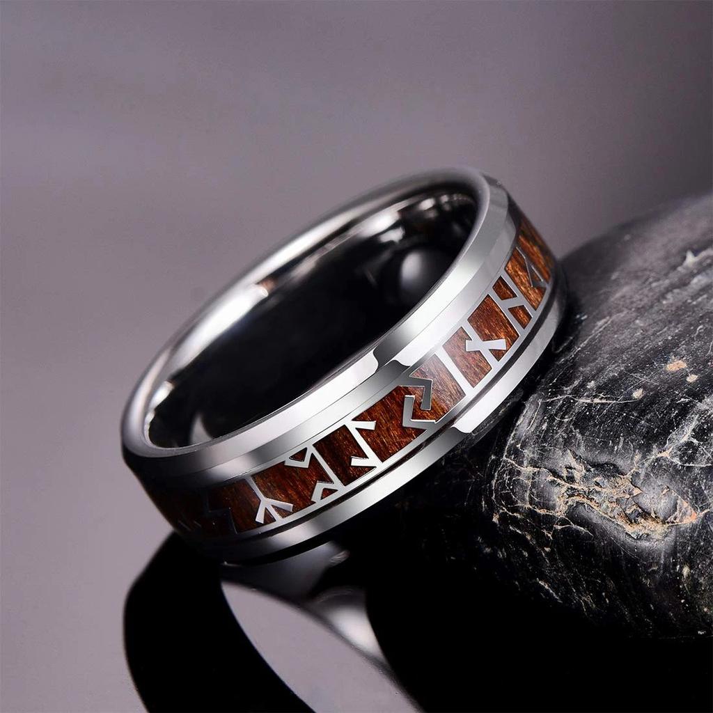 8mm Men Stainless Steel Norse Viking Runes Rings Inlay Koa Wood Rings For Men Women Wedding Band Jewelry Gift