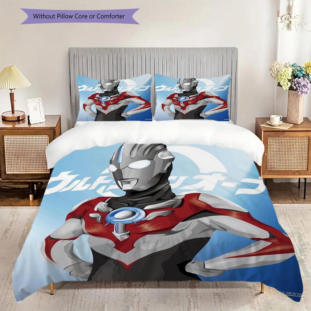 3pc Ultraman cartoon print unbleached bed sheet set(1*Duvet Cover + 2*Pillowcase, Without Core), for bedroom bedding decoration