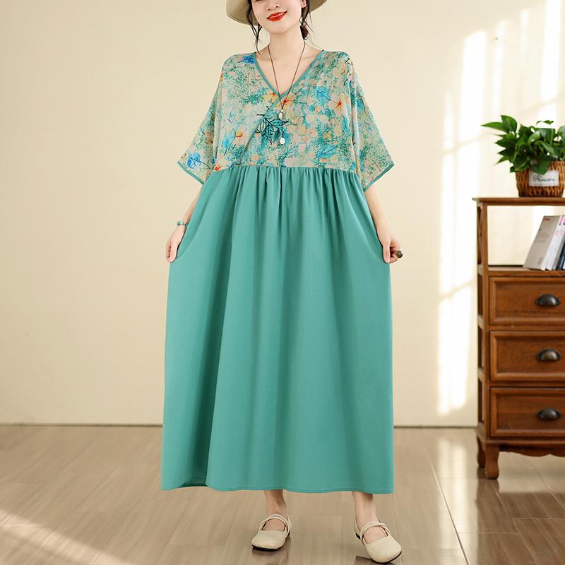 Short Sleeve Plus Size Cotton Vintage Floral Patchwork New In Dresses for Women Casual Loose Long Summer Dress