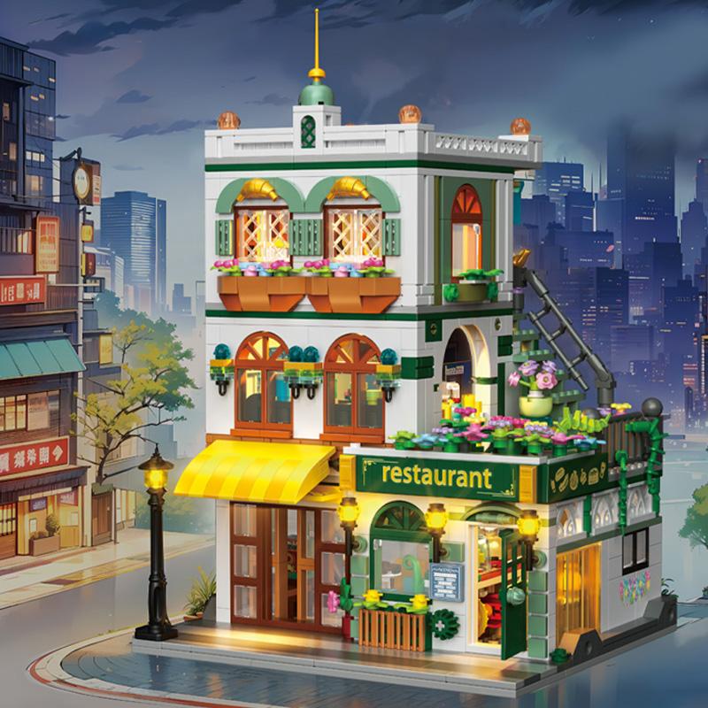 Créatif 997 Pièces Vue de Rue Restaurant Chinois Modèle Blocs de Construction Ville Architecture Trois Étages Mini Briques Jouets Pour Enfant Cadeau sans boîte