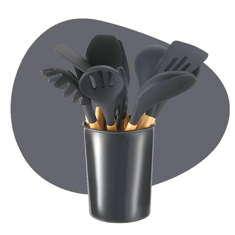 Cooking non-stick pan with storage bucket Silicone kitchen utensils set Silicone spatula spoon 12-piece set Wooden handle kitchen utensils set Cooking
