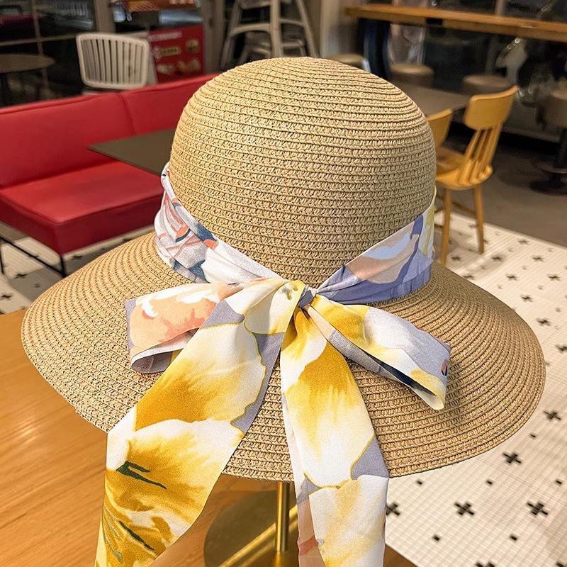 Straw Hat Lady Summer New Bow Streamer Fisherman Hat Fashion Versatile Wide Brim Sun Hat