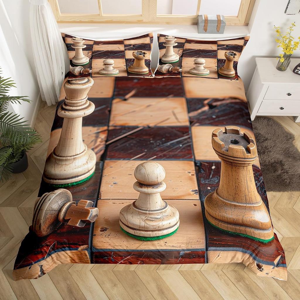 International Chess Duvet Cover for Teens Adults Queen Size Lightweight Down Room Decor 2 Pillowcases 1 Comforter Cover No Quilt