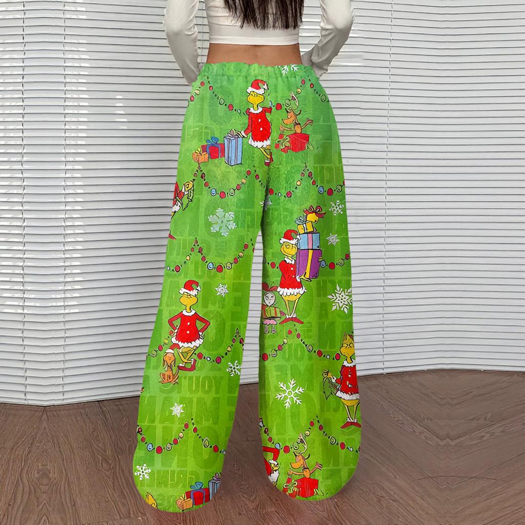 Women's Casual Christmas Print Elastic Waist Loose Fit With Plush Wide Leg Pants