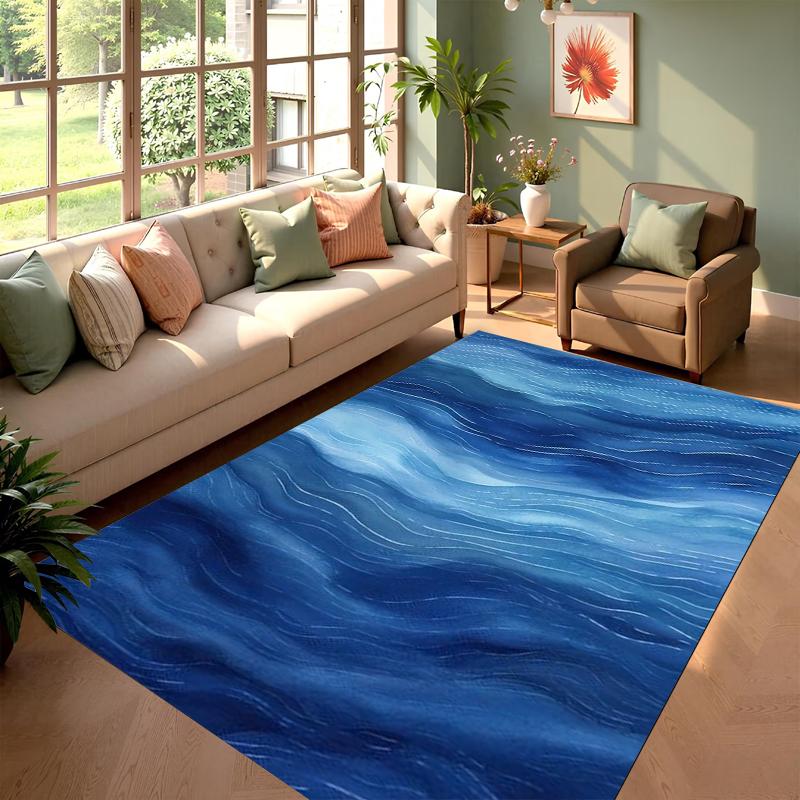 Carpet Mat Rug Home Decoration Blue Wave Pattern White Floor Mat Non-Slip Living Room Area Rug with Water Ripple Gradient Design