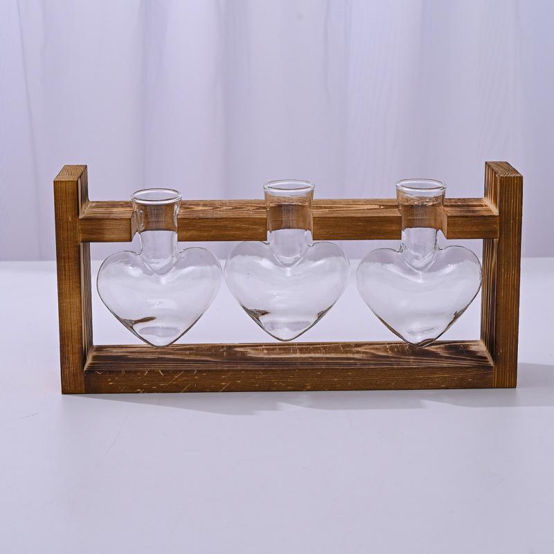 Creative Wooden Frame Heart Shape Hydroponic Small Vase Green Pineapple Plant Glass Bottle Bonsai Container Home Desktop Decor