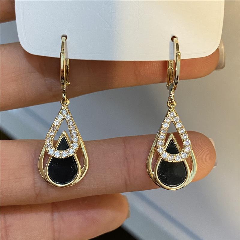 Trendy Rhinestones Black Enamel Oil Water Drop Dangle Earrings for Women Party Golden Hollow Out Round Hoop Jewelry Gift