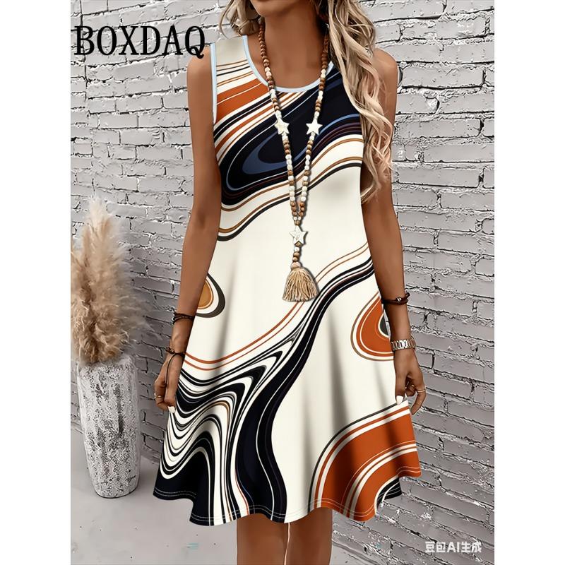 Sundress Sleeveless Beach Dress Fashion Abstract Marble Textured 3D Printed Women Dresses Casual Elegant Loose Summer Clothes