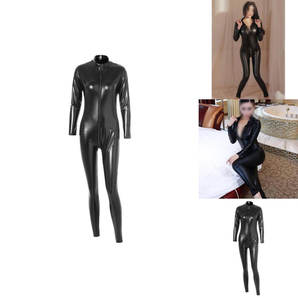 Verlockender schwarzer Ganzkörper-Latex-Body mit langen Ärmeln und Reißverschlussdesign für Rollenspiele und Cosplay