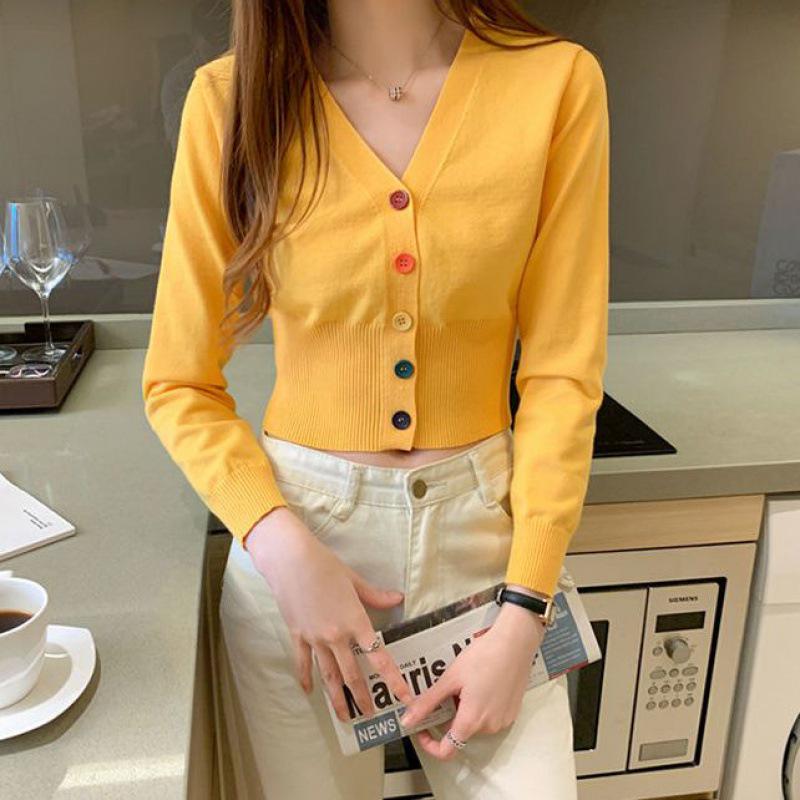 Women's Long Sleeve Slim Knit Cardigan with Colorful Buttons