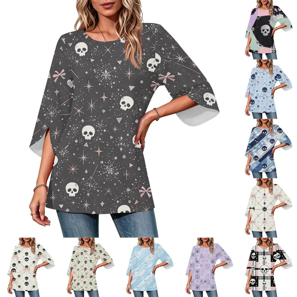 Women's Halloween Print Casual Top, Round Neck, Three-Quarter Sleeve, Loose Fit