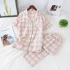 Spring and Autumn New Couple Pajamas Women's Short-sleeved Trousers Men's Cardigan Plaid Simple and Sweet Loose Korean Version of Loungewear