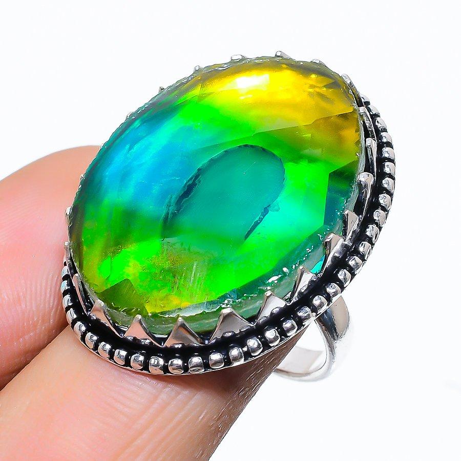 Bi-Color Tourmaline Gemstone Handmade 925 Sterling Silver Ring Size 8 m9F93